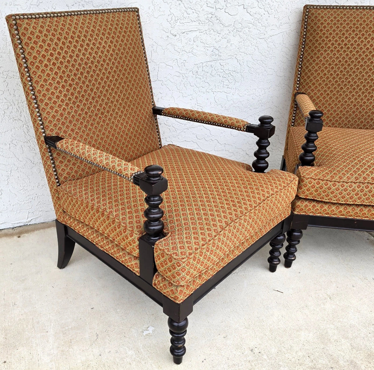 Jacobean Louis XIII Style Bobbin Turned Lounge Armchairs Ebonized Nailhead Pair