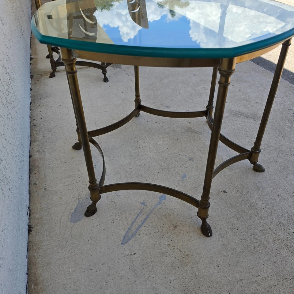 Vintage Labarge Side Table Brass Glass Hoof Footed Octagonal