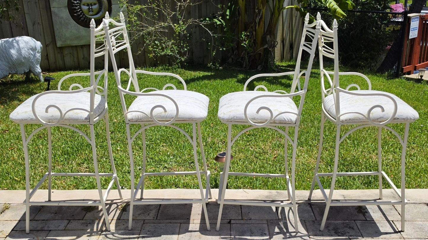 Set of 4 Vintage Coastal Palm Beach Regency Painted Metal Barstools.
