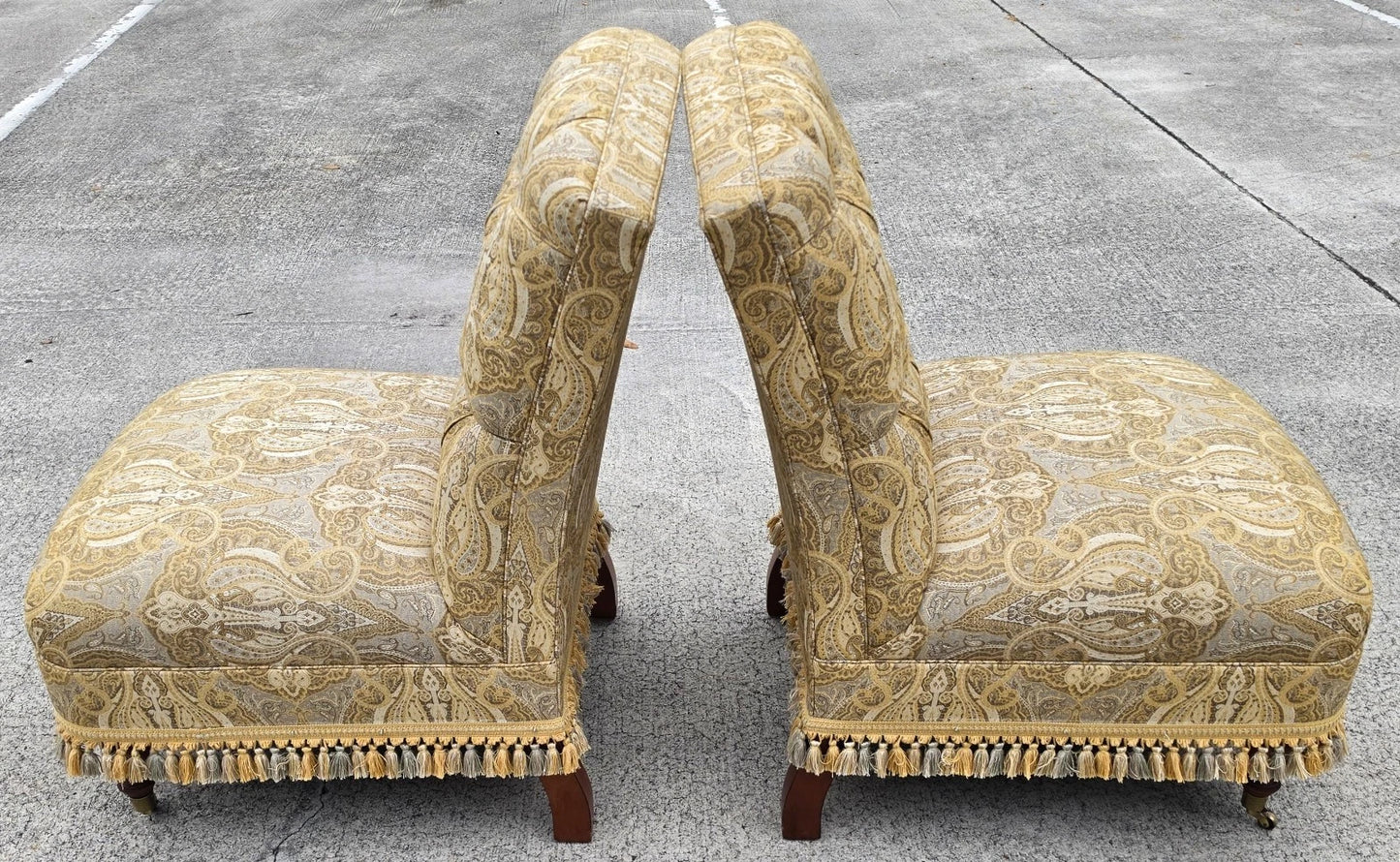 Vintage Hollywood Regency French Tufted Designer Slipper Lounge Chairs Pair