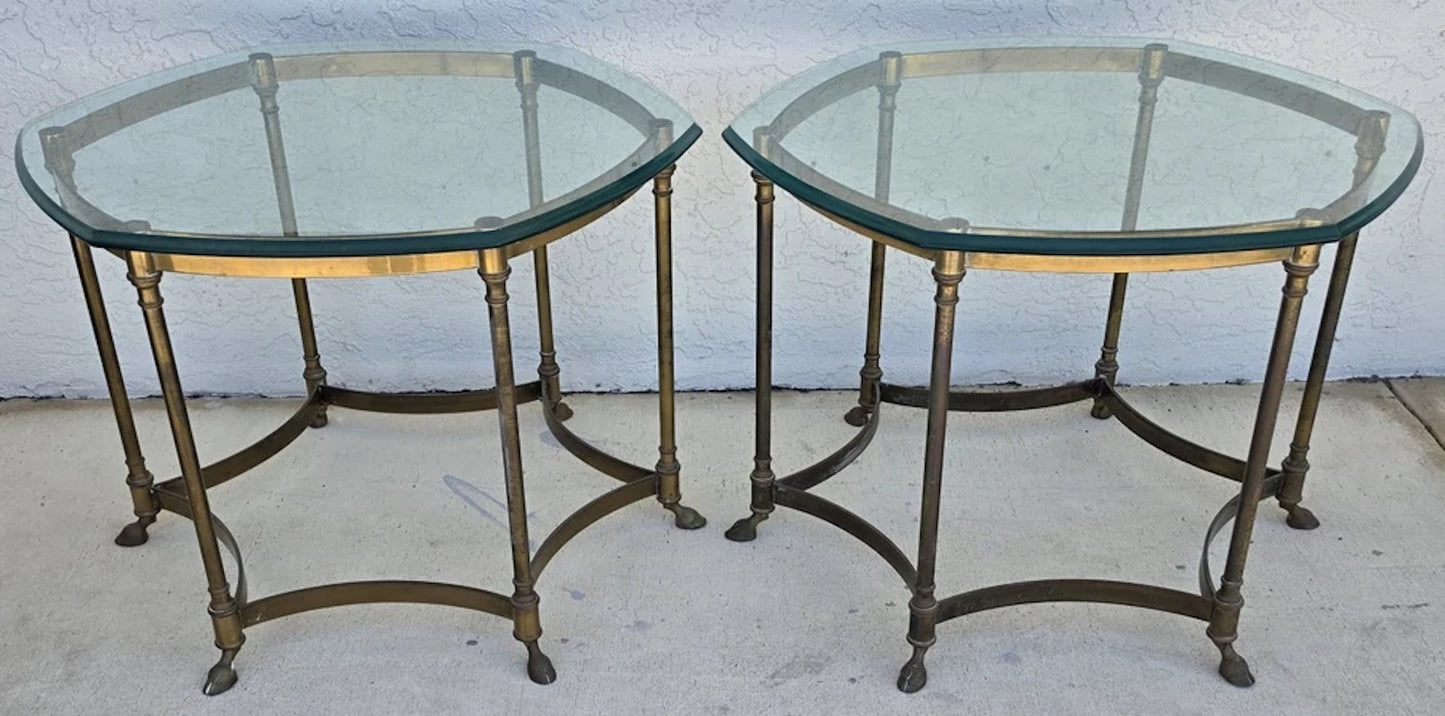 Vintage Labarge Side Tables Brass Glass Hoof Footed Octagonal Pair