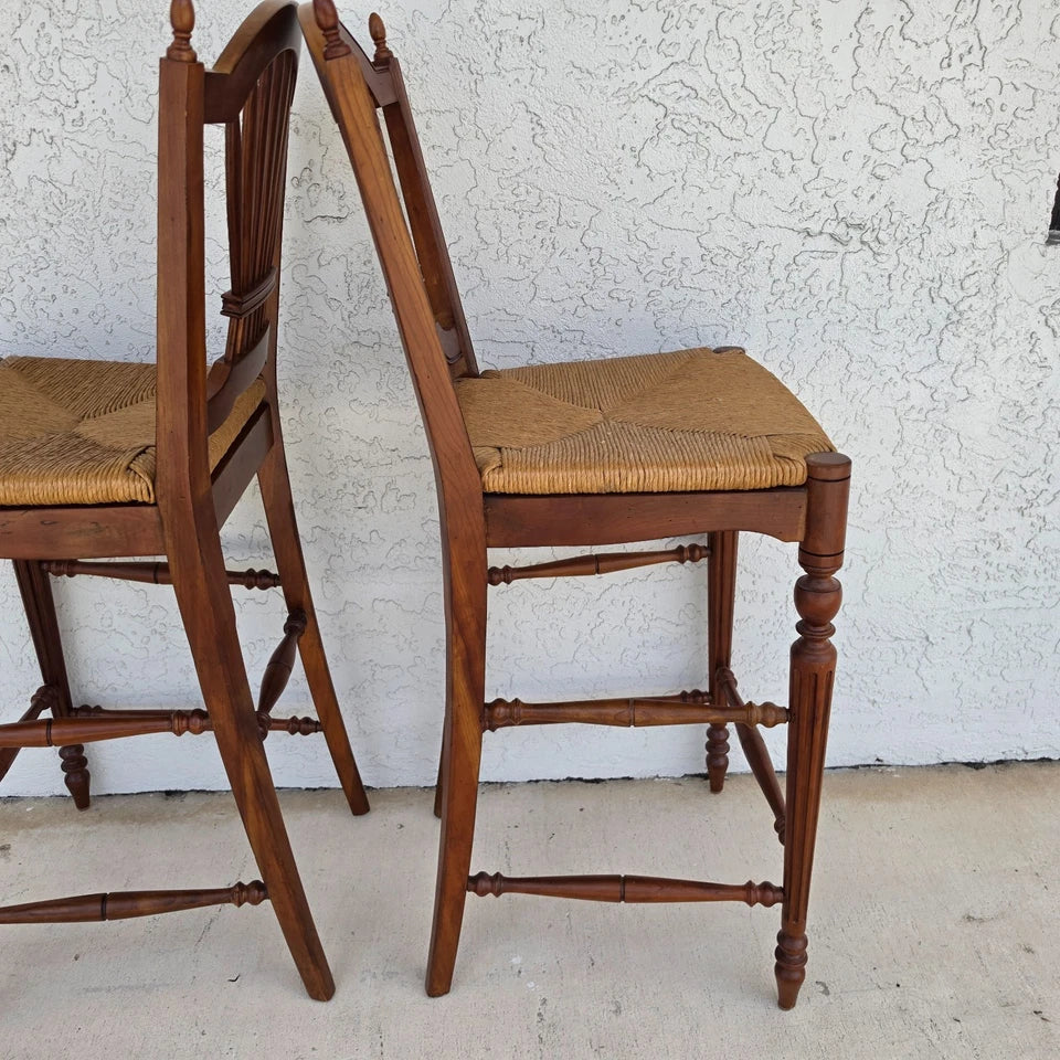 Ethan Allen Country French Wheat Sheaf Back Rush Seat Bar Stools Set of 2