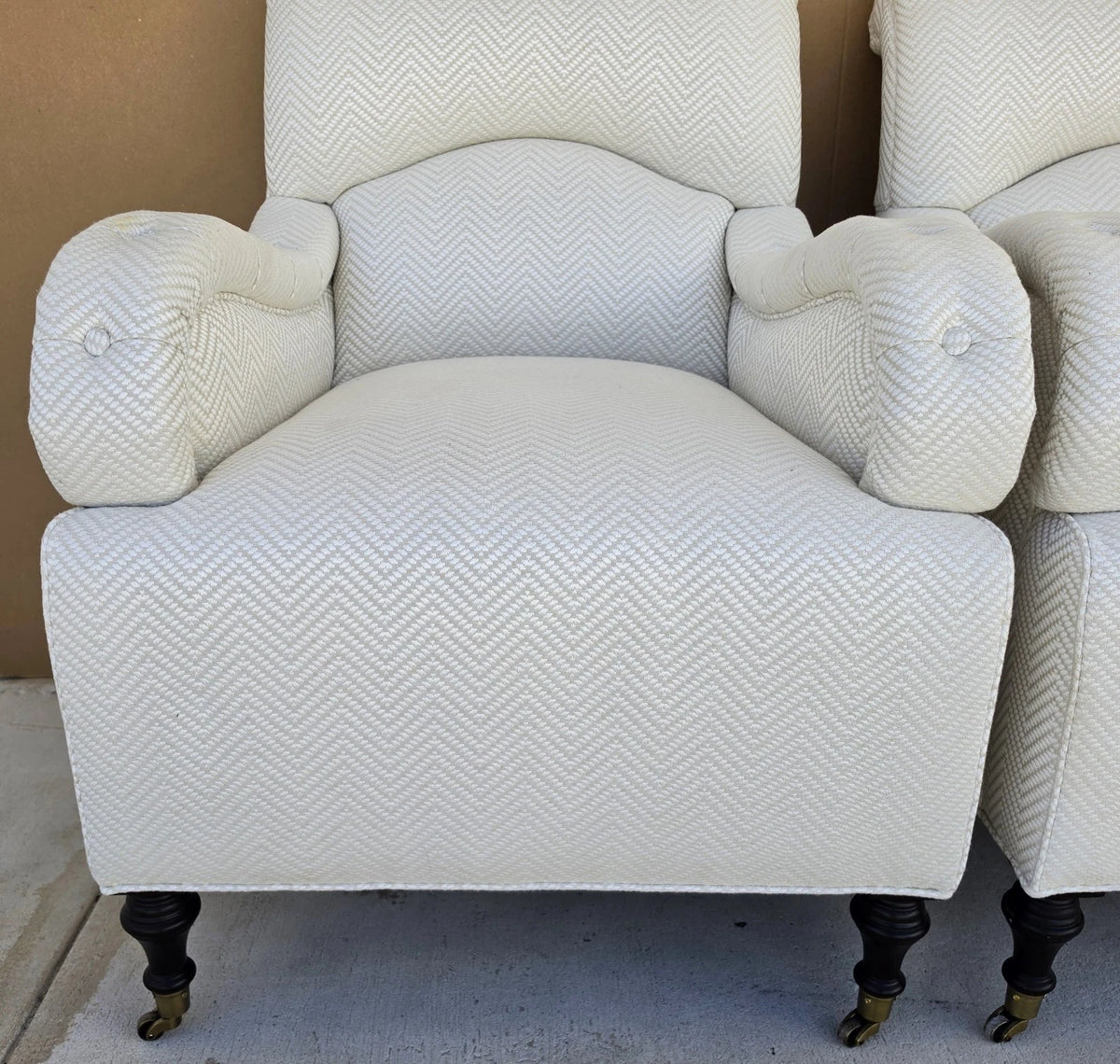 Pair Baker English Country Scroll Arm Lounge Chairs Tufted Herringbone Casters