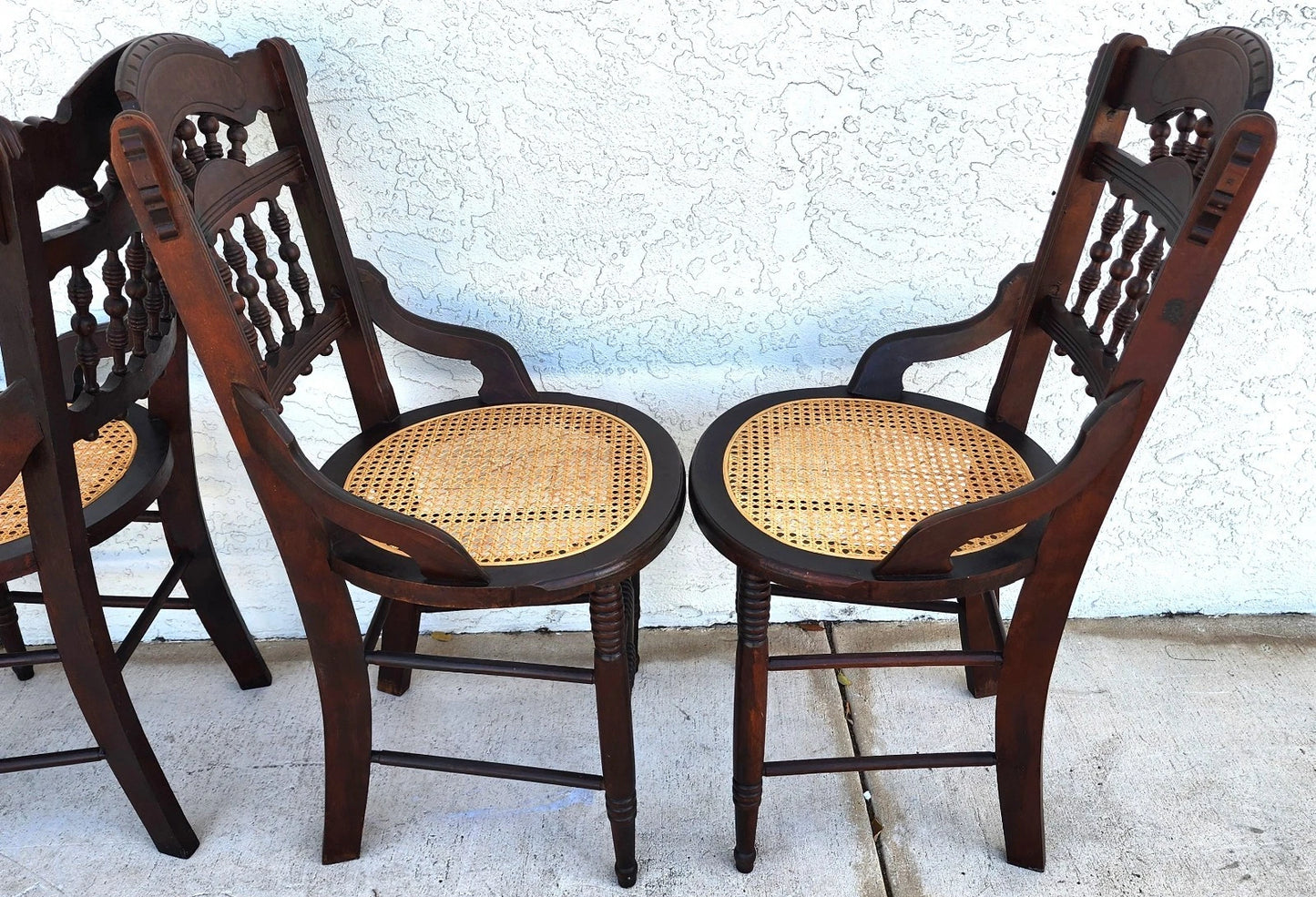 Antique Eastlake Victorian Style Walnut Cane Seat Side Dining Chairs Set of 4