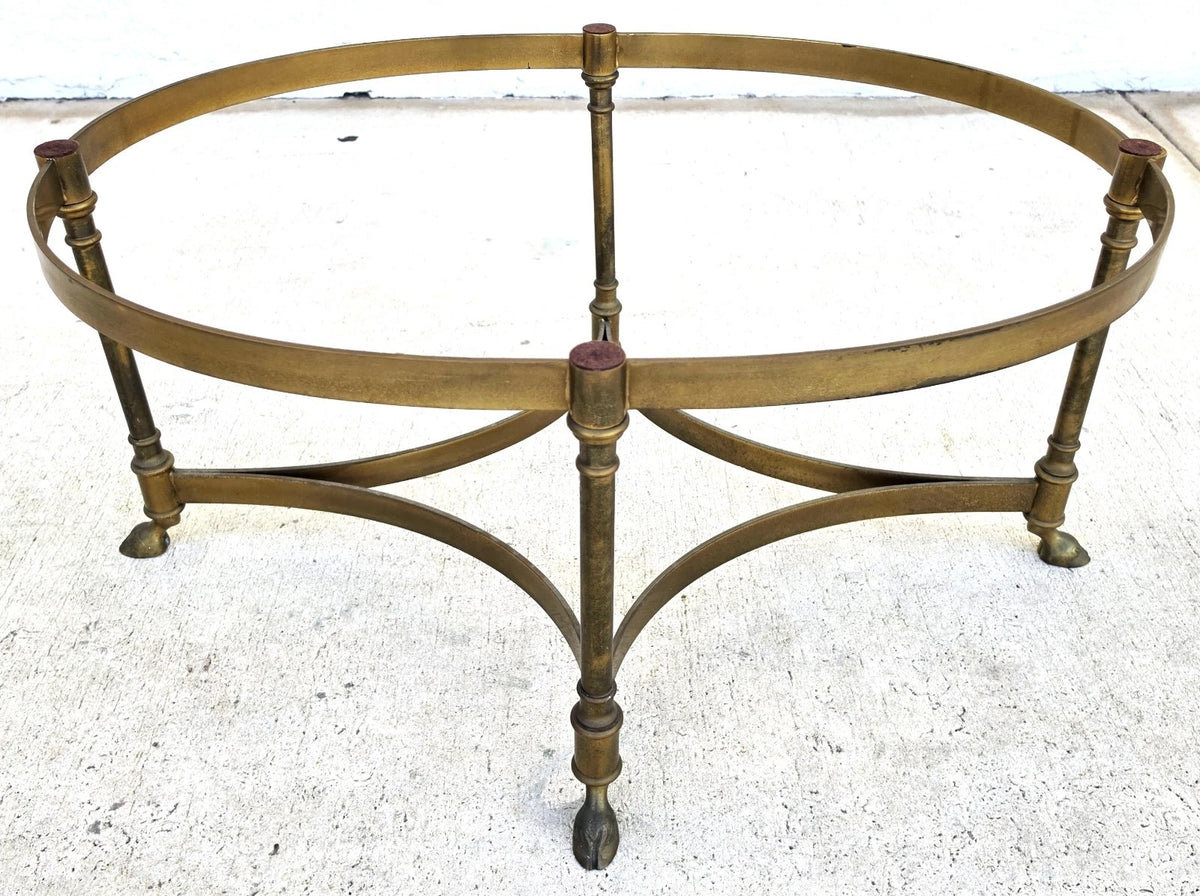 Vintage LaBarge Oval Brass Hoof Footed Glass Top Coffee Table Neoclassical