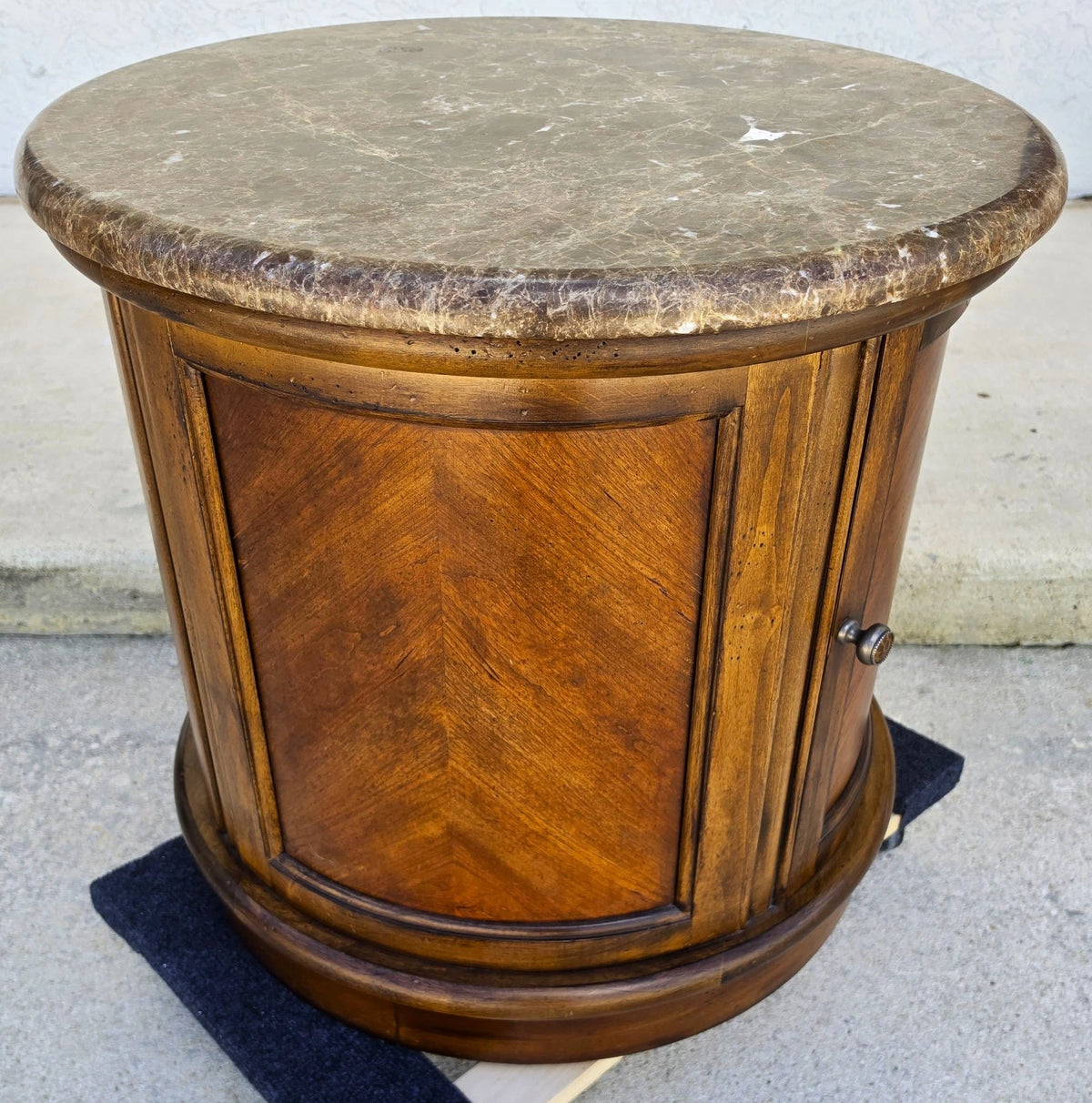 Vintage Round Brown Marble Top Drum Side Center Table With Storage Cabinet