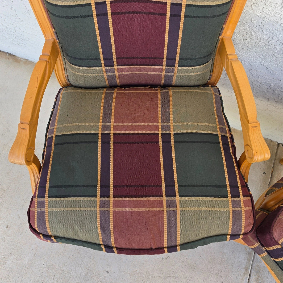Vintage Louis XV French Provincial Armchairs Plaid Tartan Fauteuil Cabriole Legs