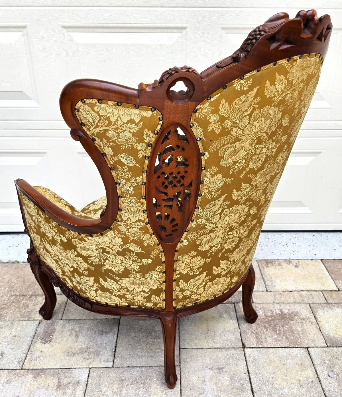 Victorian Rococo Revival Carved Bird Crest Music Room Wingback Armchair