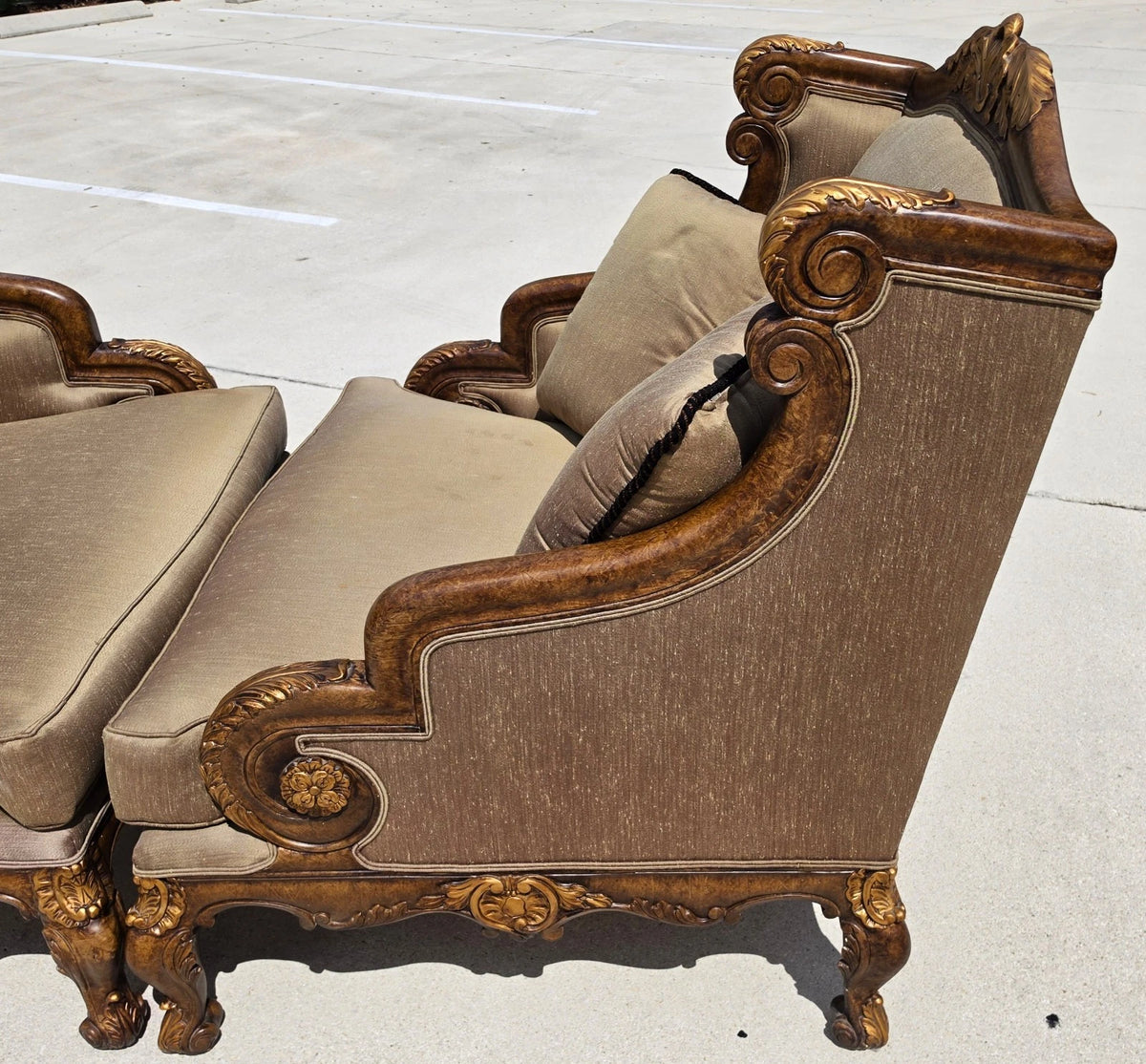Marge Carson Style French Louis XV Ornate Caved Settees Loveseats Pair