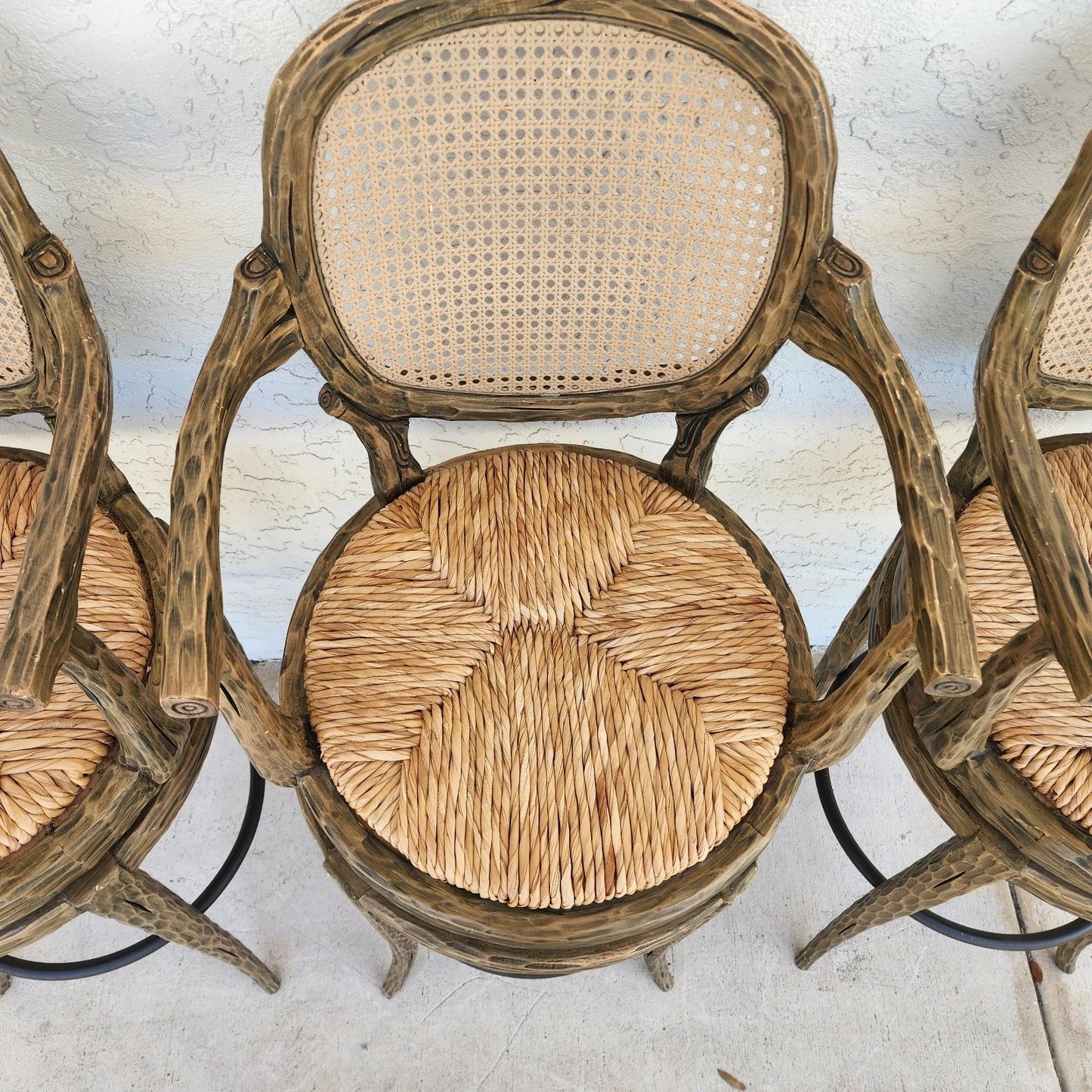 French Country Barstools Faux Bois Swivel Set of 3