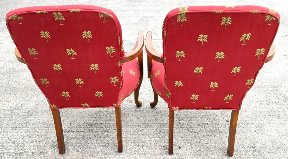 Vintage Queen Anne Gooseneck Armchairs with Palm Tree Upholstery Pair