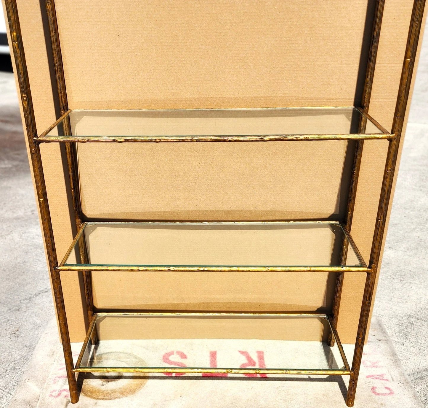 Gilt Iron & Glass Faux Bois Étagère Bookcase Shelf Mid Century