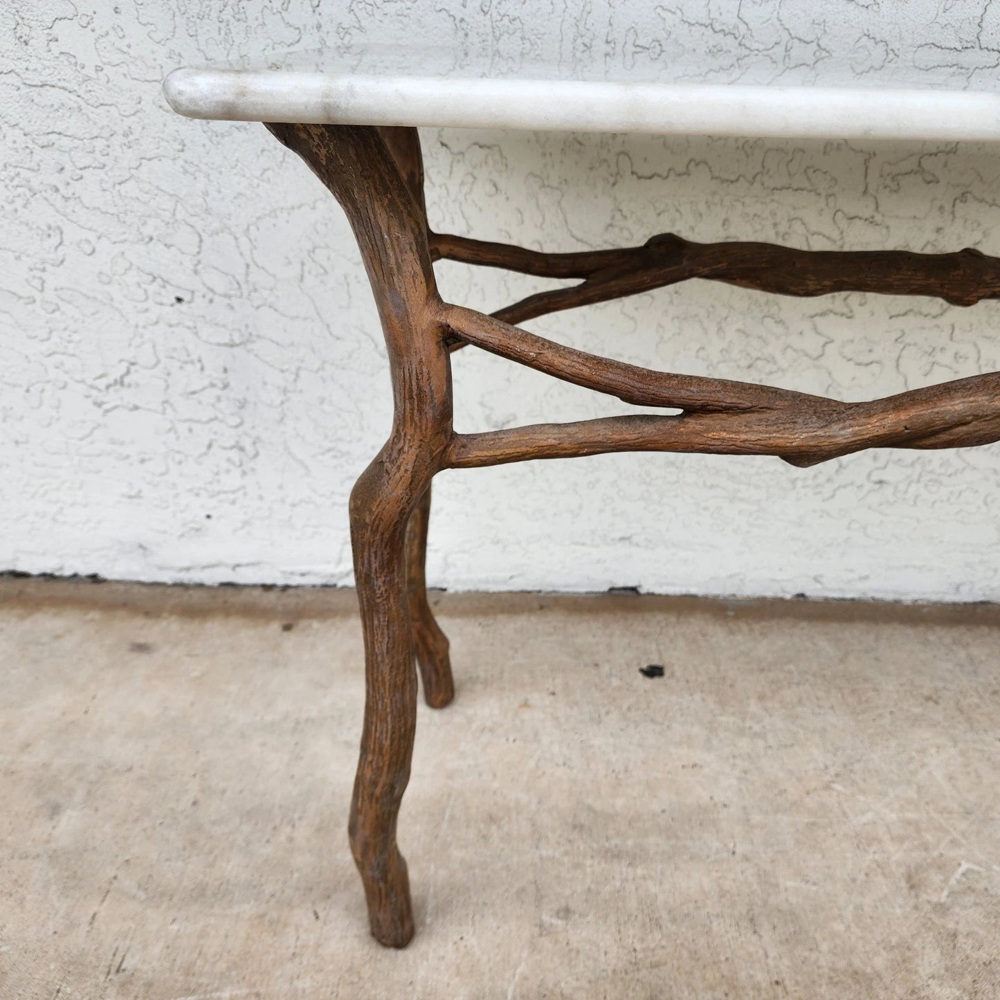 Vintage French Rustic Metal & Marble Faux Bois Branch Console Sofa Table