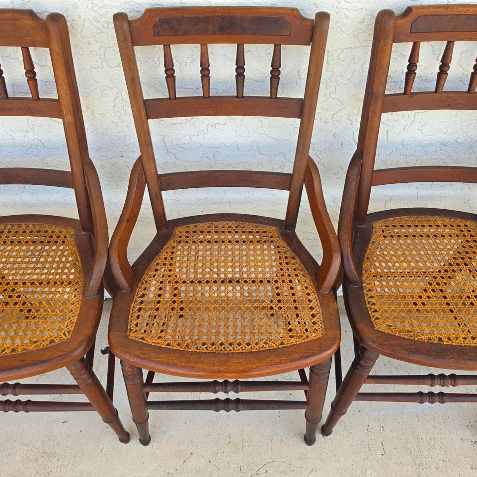 Antique Walnut Victorian Spindle Back Cane Seat Dining Chairs Set of 6