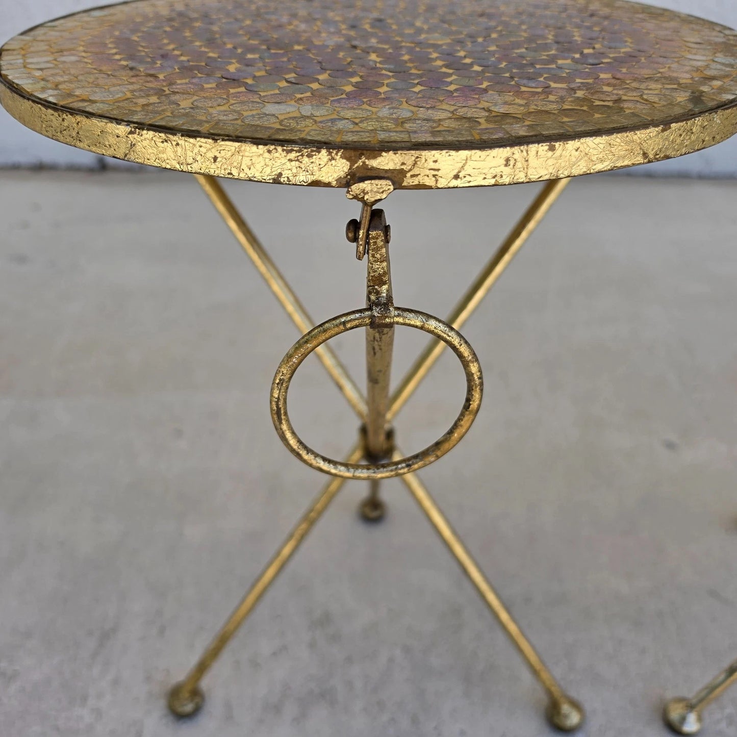 Italian Gold Gilt Folding Mosaic Side Drink Tables 1960s Pair
