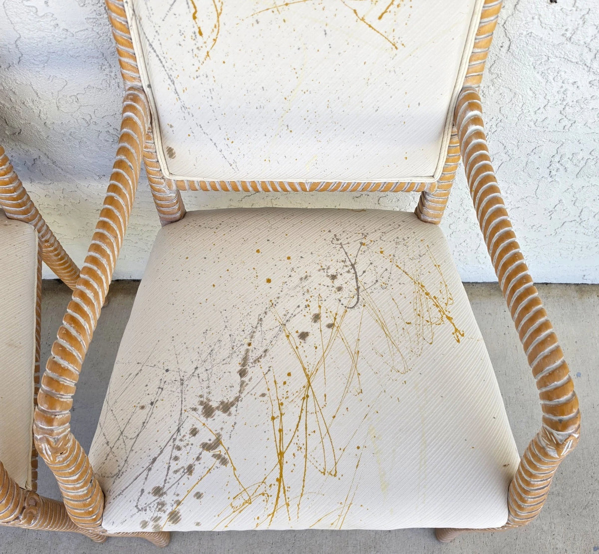 Set of 6 Coastal Carved Rope Solid Wood Dining Chairs With Abstract Upholstery