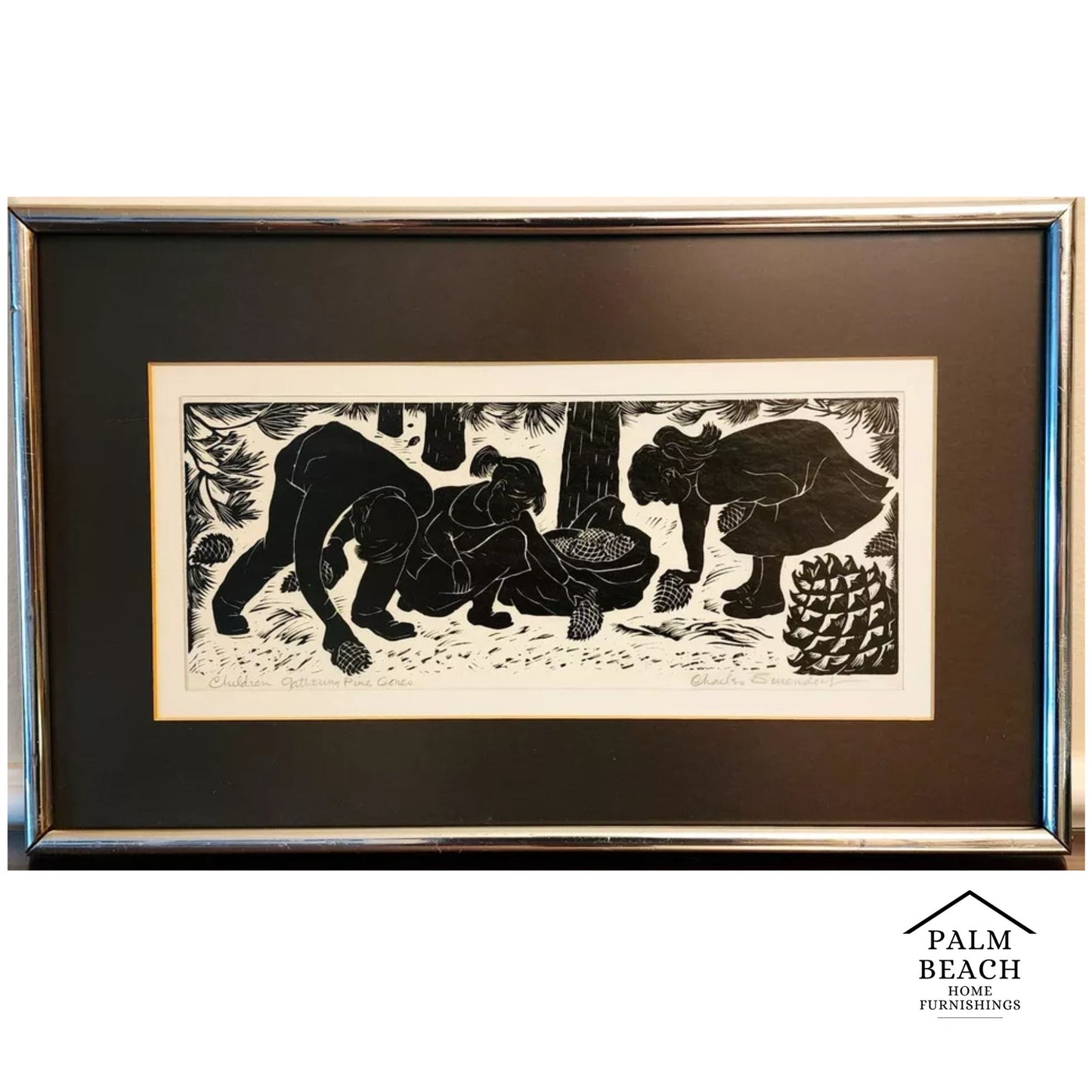 Charles F Surendorf Woodblock Children Gathering Pine Cones
