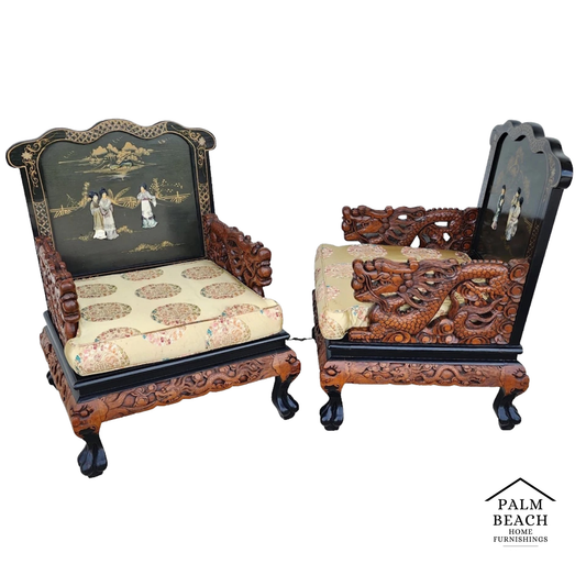 Chinese Hand-Carved Dragon Throne Armchairs Pair