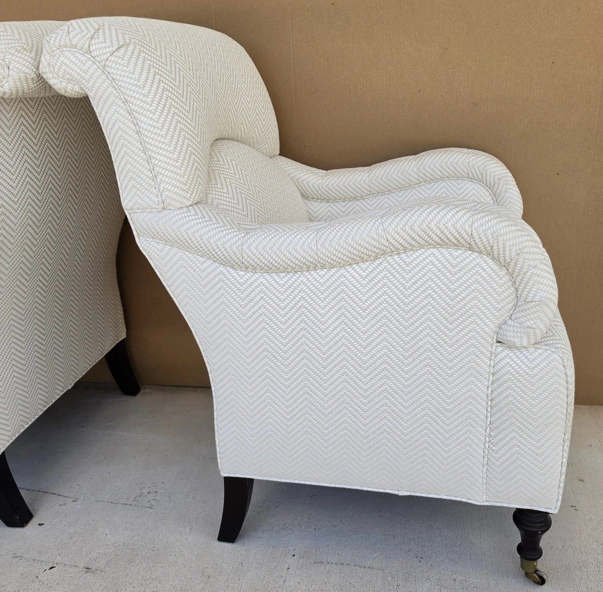 Pair Baker English Country Scroll Arm Lounge Chairs Tufted Herringbone Casters