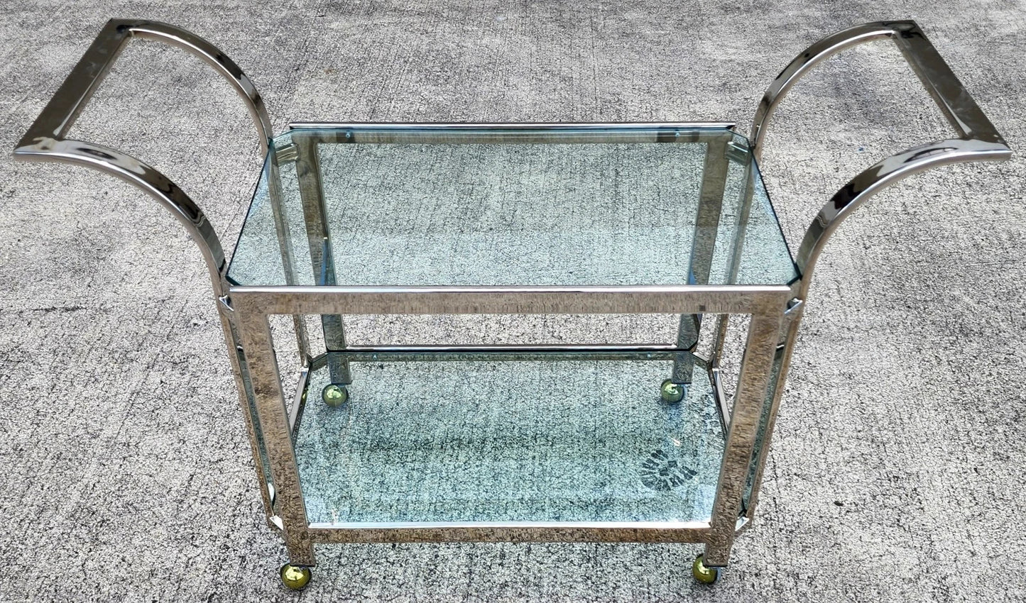 MCM Milo Baughman Style Chrome Bar Serving Cart 1970s