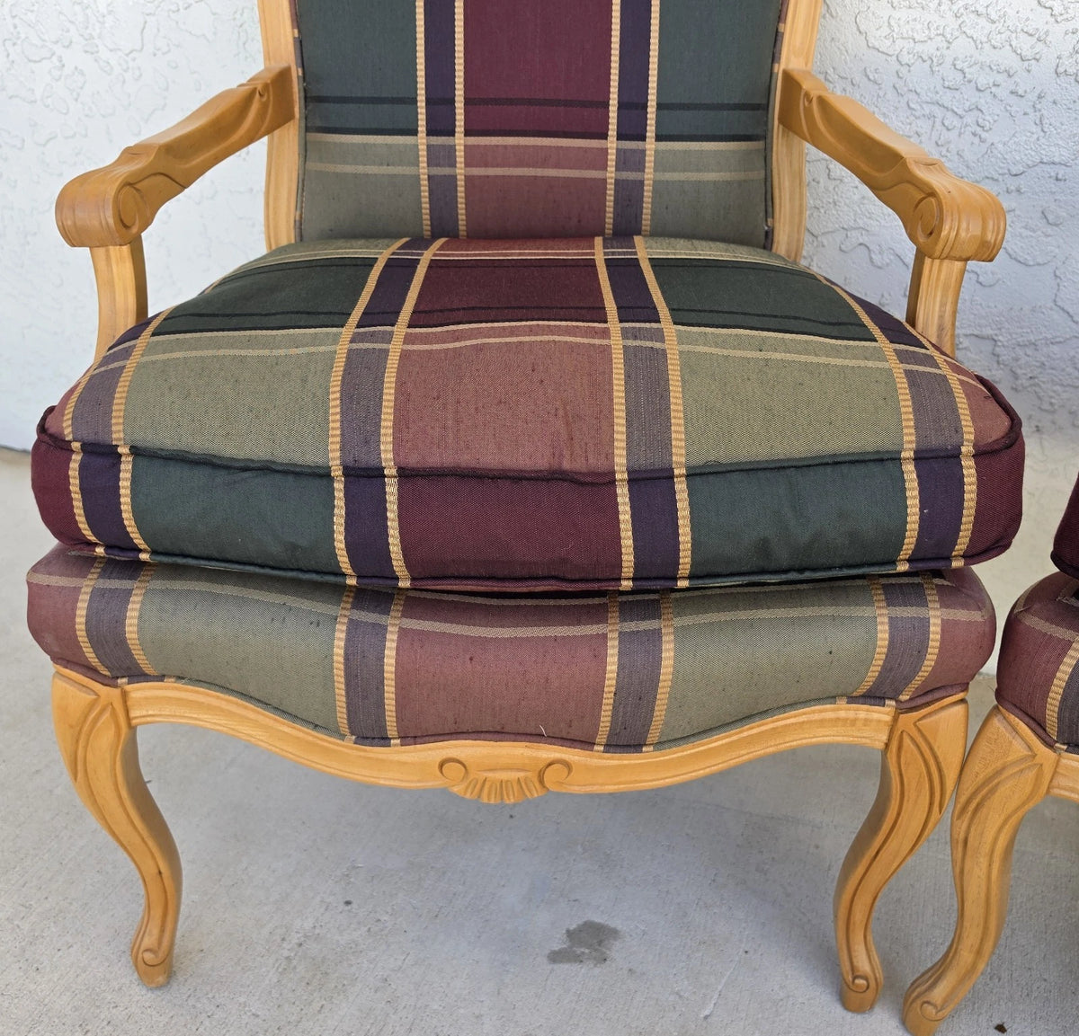 Vintage Louis XV French Provincial Armchairs Plaid Tartan Fauteuil Cabriole Legs