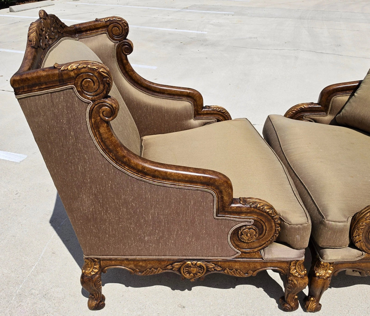 Marge Carson Style French Louis XV Ornate Caved Settees Loveseats Pair