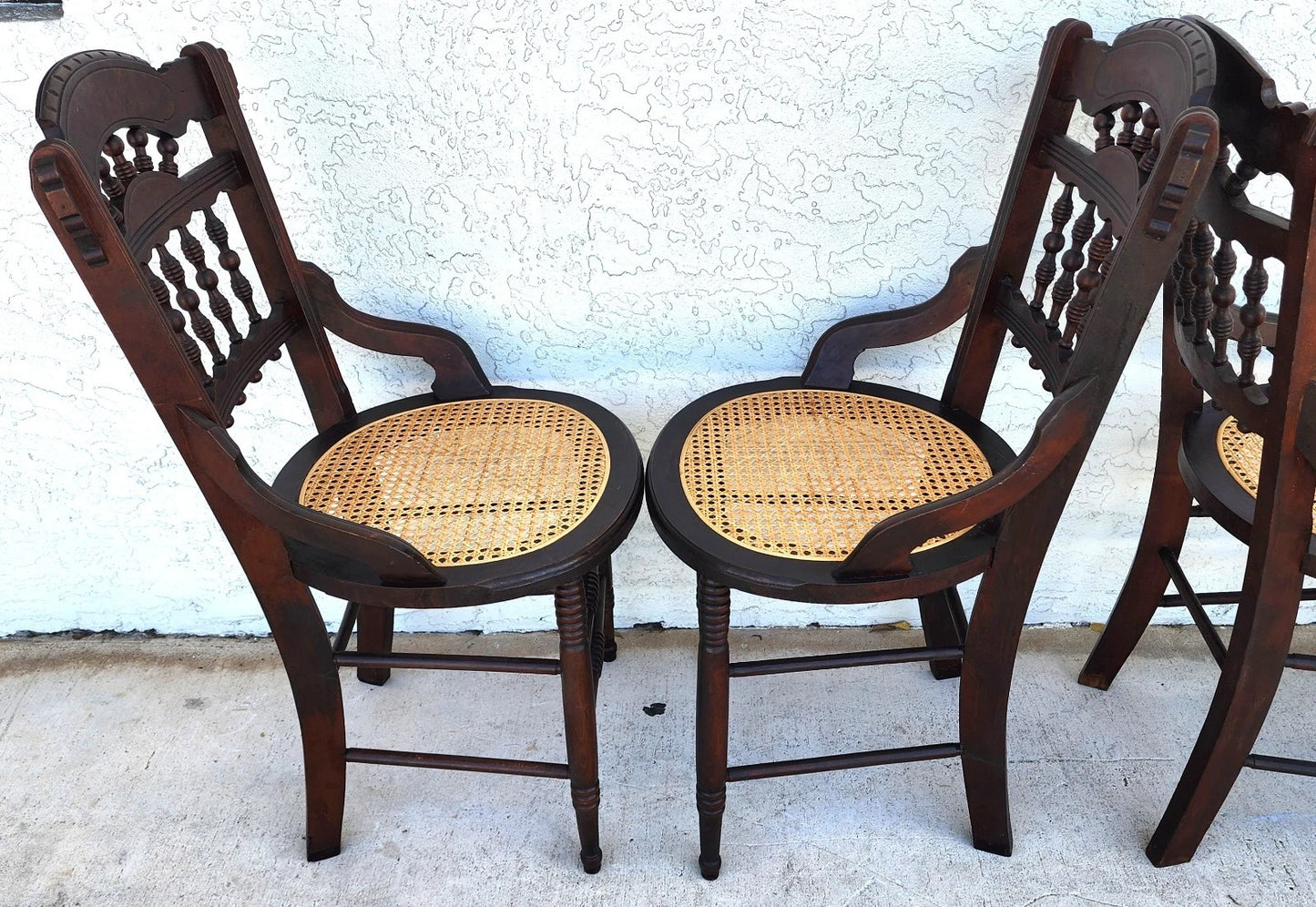 Antique Eastlake Victorian Style Walnut Cane Seat Side Dining Chairs Set of 4