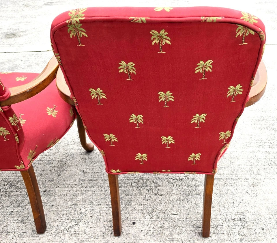Vintage Queen Anne Gooseneck Armchairs with Palm Tree Upholstery Pair