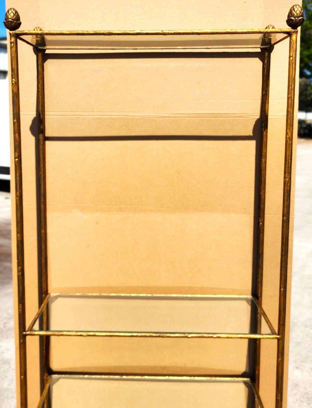 Gilt Iron & Glass Faux Bois Étagère Bookcase Shelf Mid Century