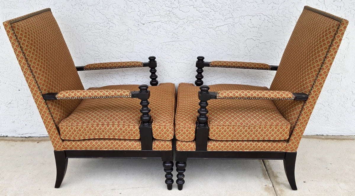 Jacobean Louis XIII Style Bobbin Turned Lounge Armchairs Ebonized Nailhead Pair