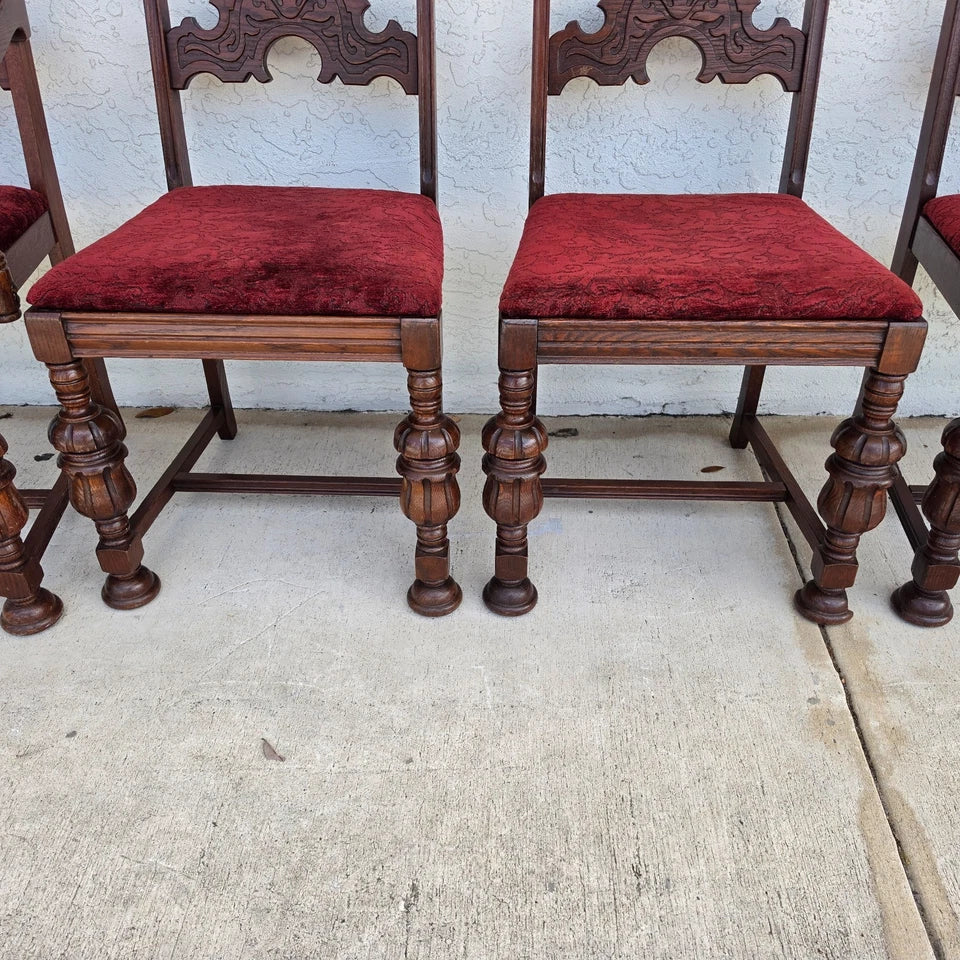 Antique English Oak Tudor Jacobean Dining Chairs 1930's Set of 4
