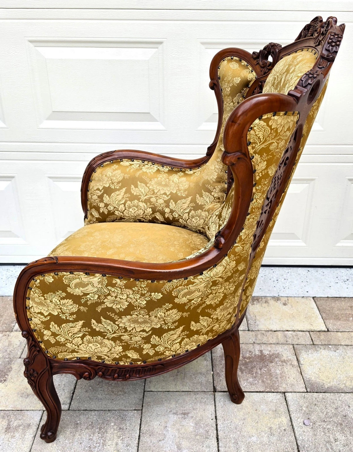 Victorian Rococo Revival Carved Bird Crest Music Room Wingback Armchair