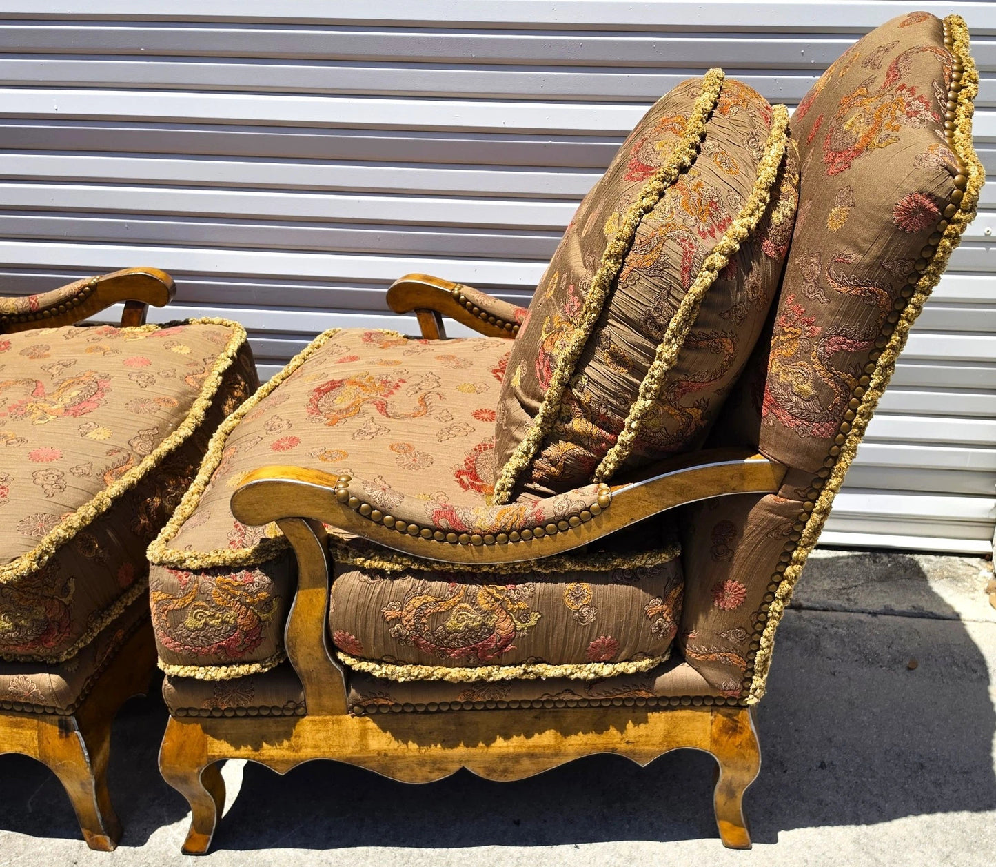 Classics French Louis XV Bergère Armchairs Chinoiserie Fabric Down Cushions