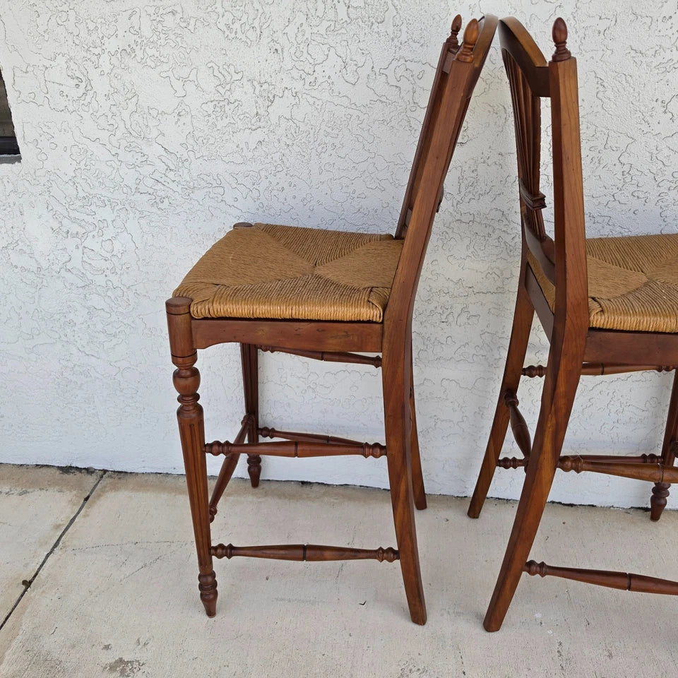 Ethan Allen Country French Wheat Sheaf Back Rush Seat Bar Stools Set of 2