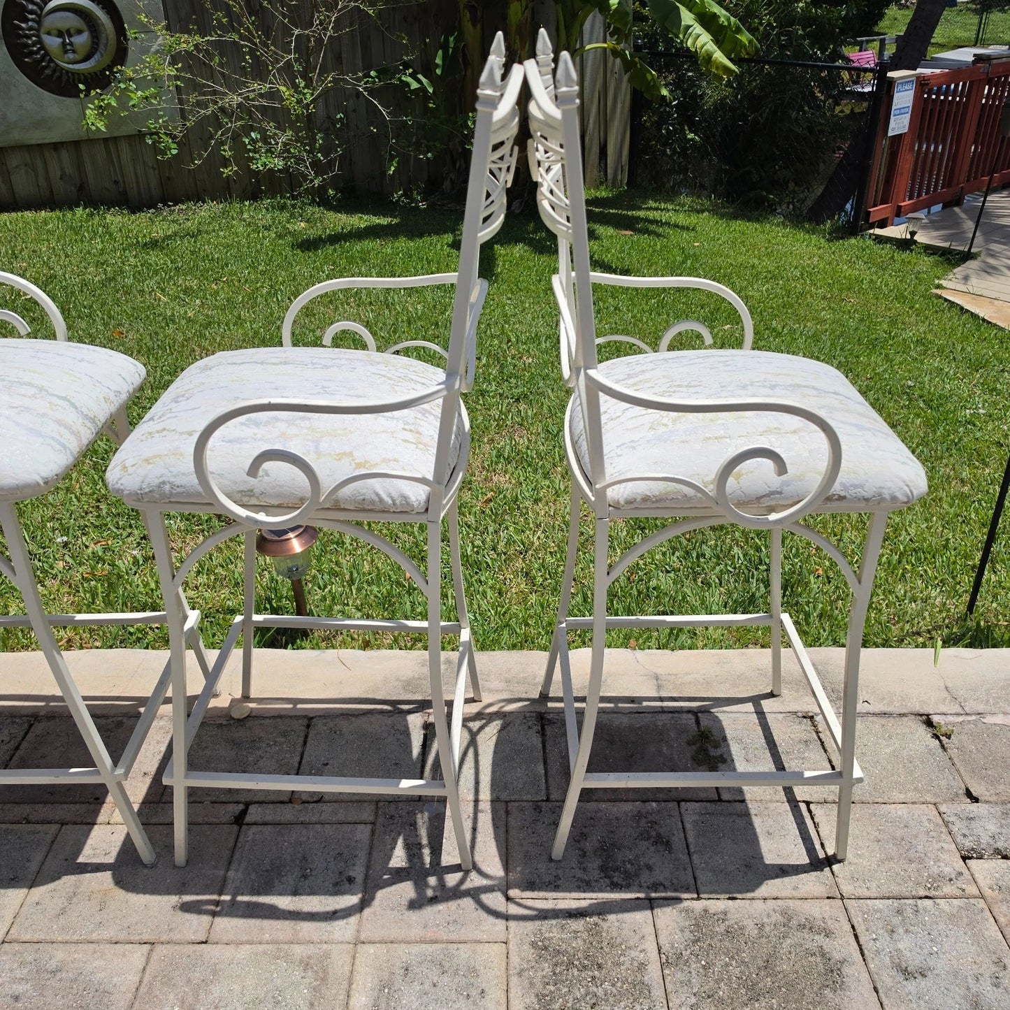 Set of 4 Vintage Coastal Palm Beach Regency Painted Metal Barstools.