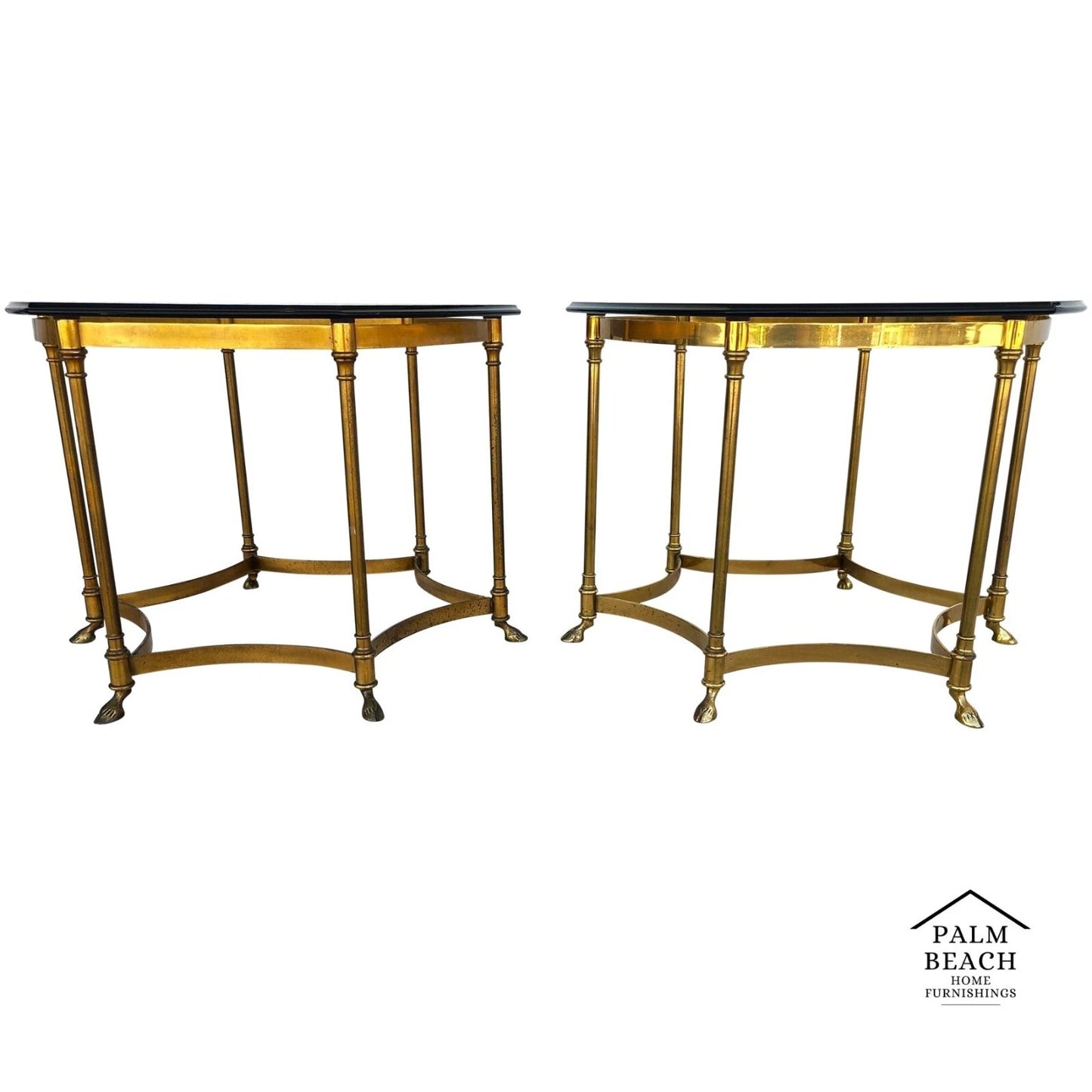 Vintage Labarge Side Tables Brass Glass Hoof Footed Octagonal Pair
