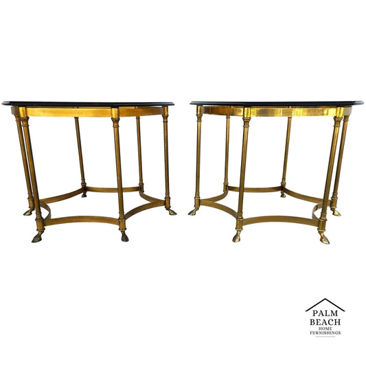 Vintage Labarge Side Tables Brass Glass Hoof Footed Octagonal Pair