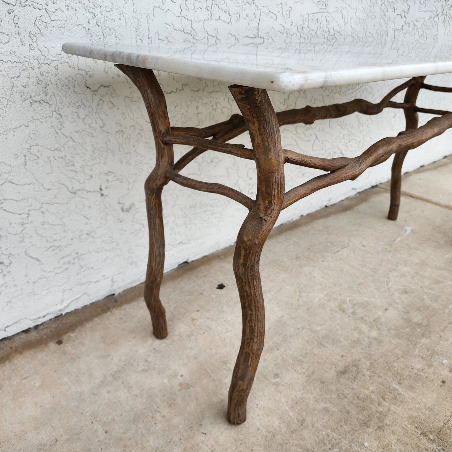 Vintage French Rustic Metal & Marble Faux Bois Branch Console Sofa Table