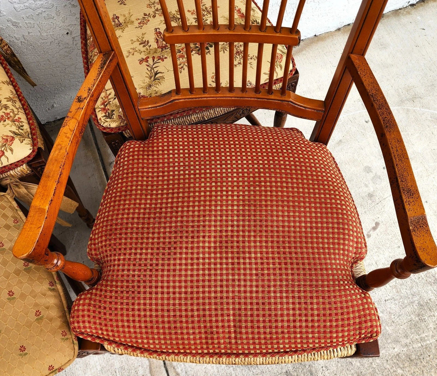 French Country Dining Chairs Rush Seats Wheat Backs with Cushions Set of 8