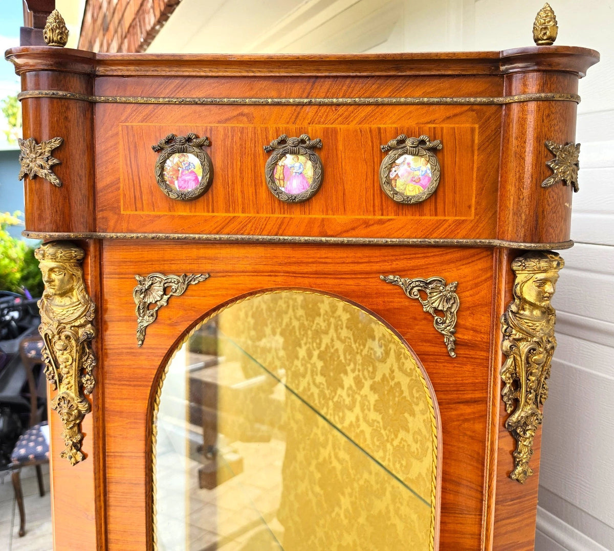 French Louis XV Marquetry Display Cabinet Figural Mounts Porcelain Medallions