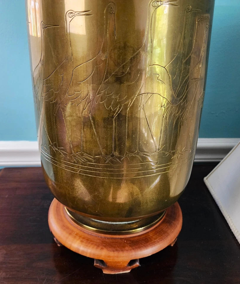 Vintage Asian Brass With Cranes Table Lamp