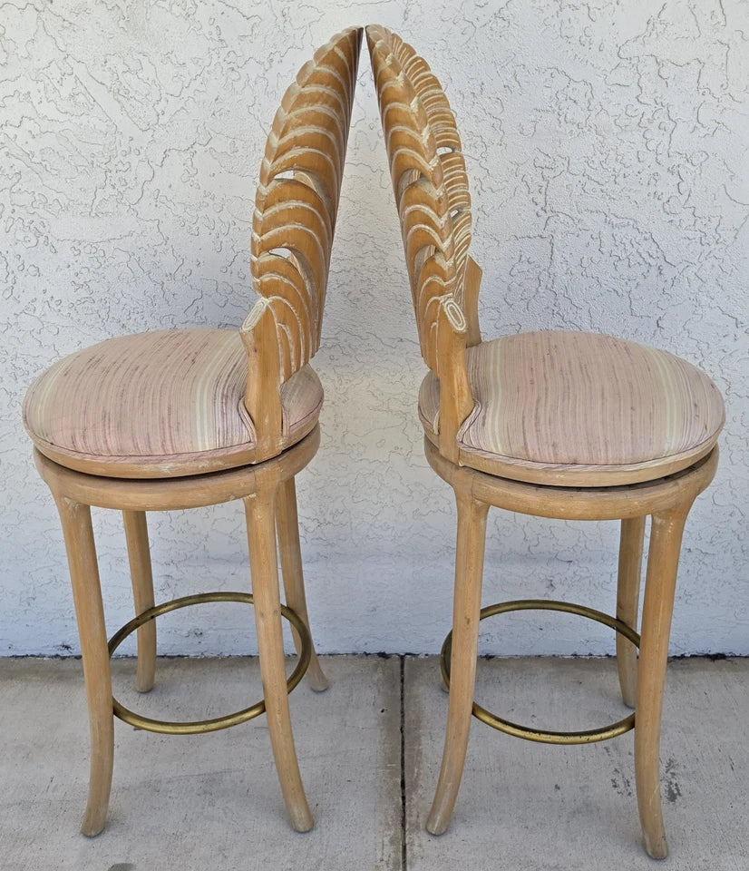 Vintage Venetian Grotto Style Carved Wood Palm Leaf Barstools Set of 2
