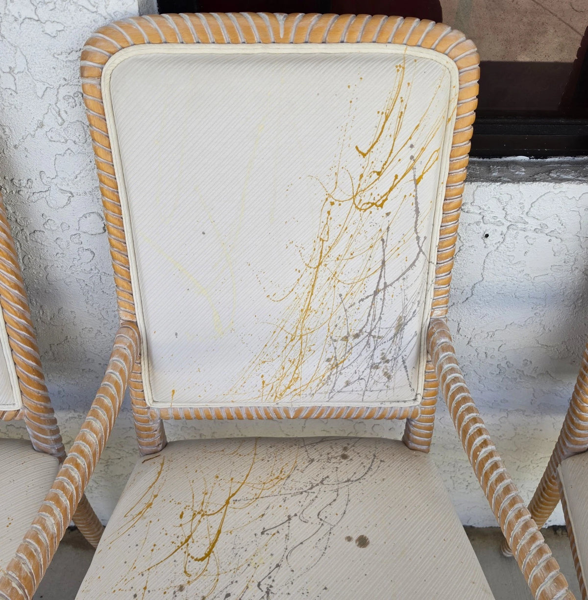 Set of 6 Coastal Carved Rope Solid Wood Dining Chairs With Abstract Upholstery