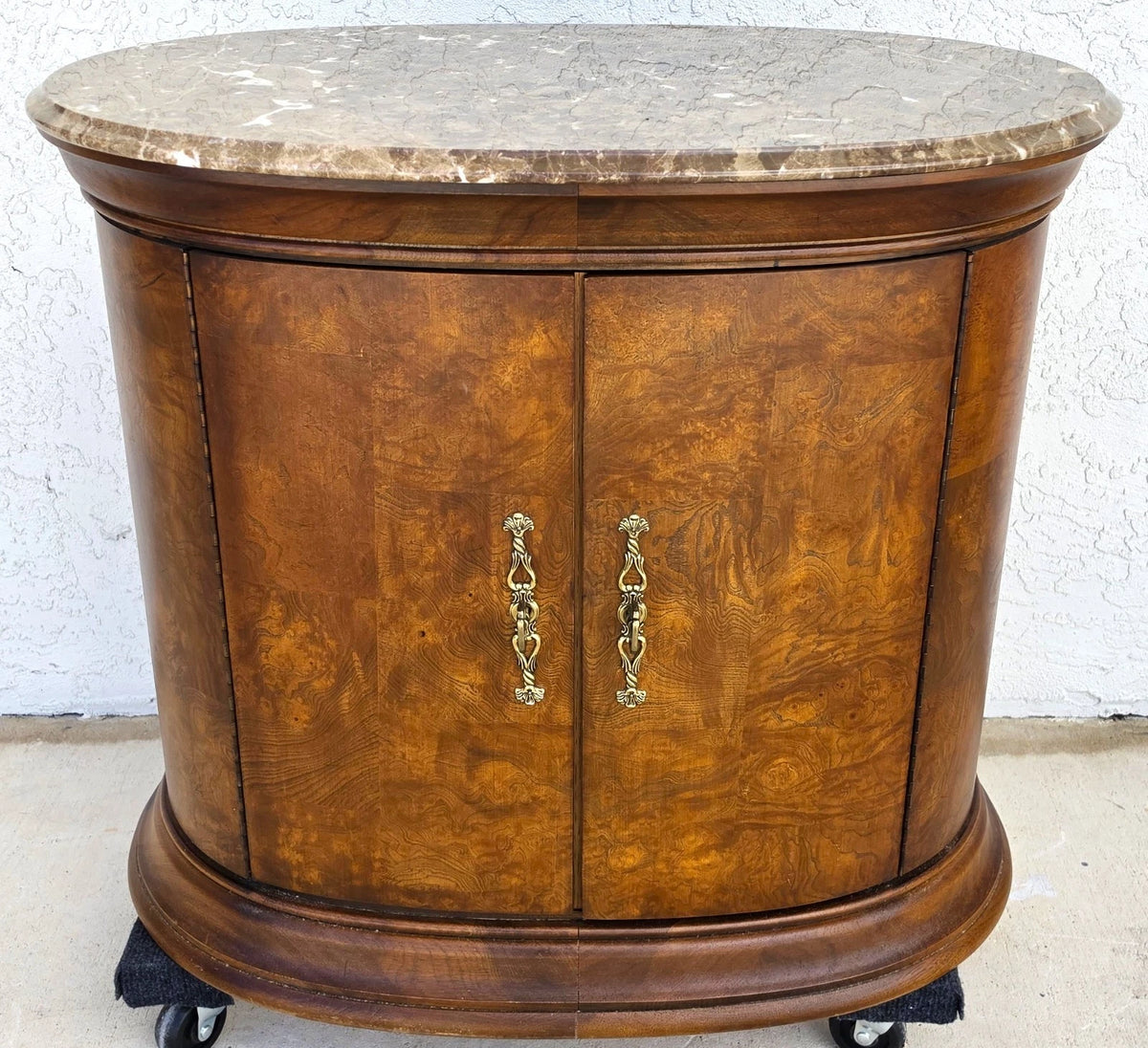 Vintage Round Brown Marble Top Drum Side Center Table With Storage Cabinet