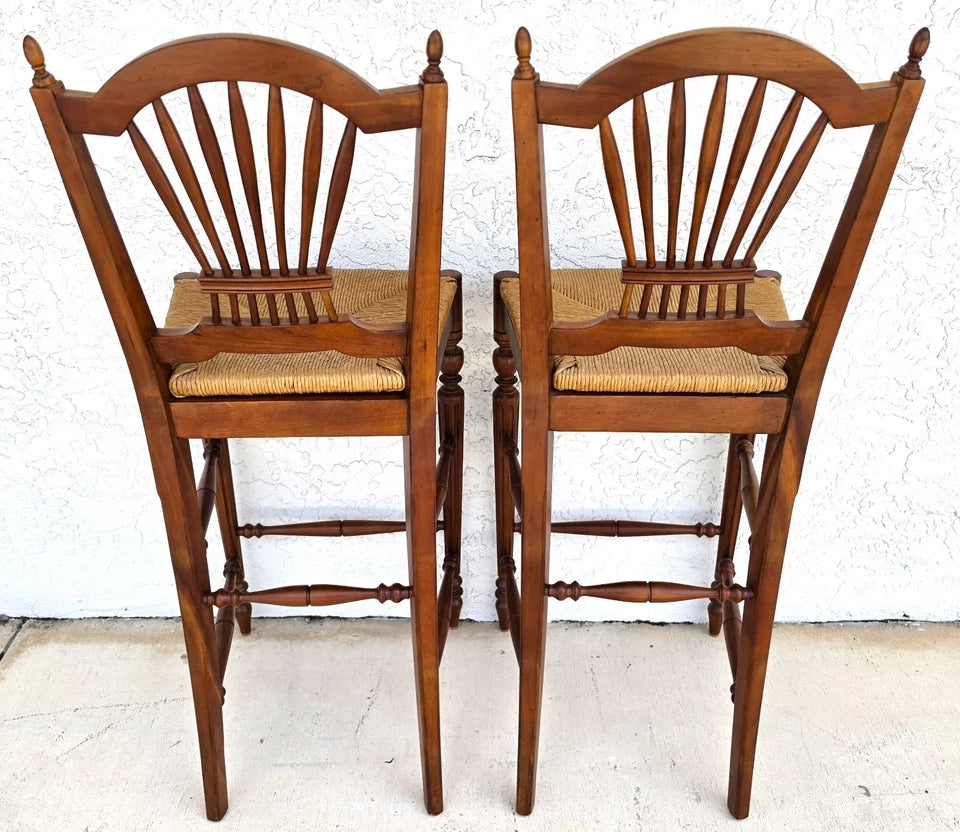 Ethan Allen Country French Wheat Sheaf Back Rush Seat Bar Stools Set of 2