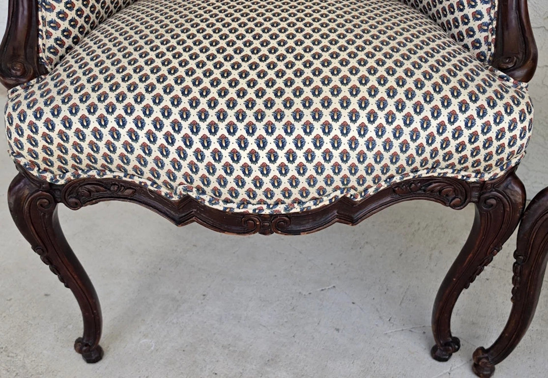 Pair of Antique French Provincial Louis XV Walnut Bergere Armchairs