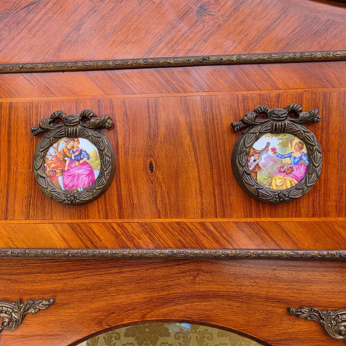 French Louis XV Marquetry Display Cabinet Figural Mounts Porcelain Medallions