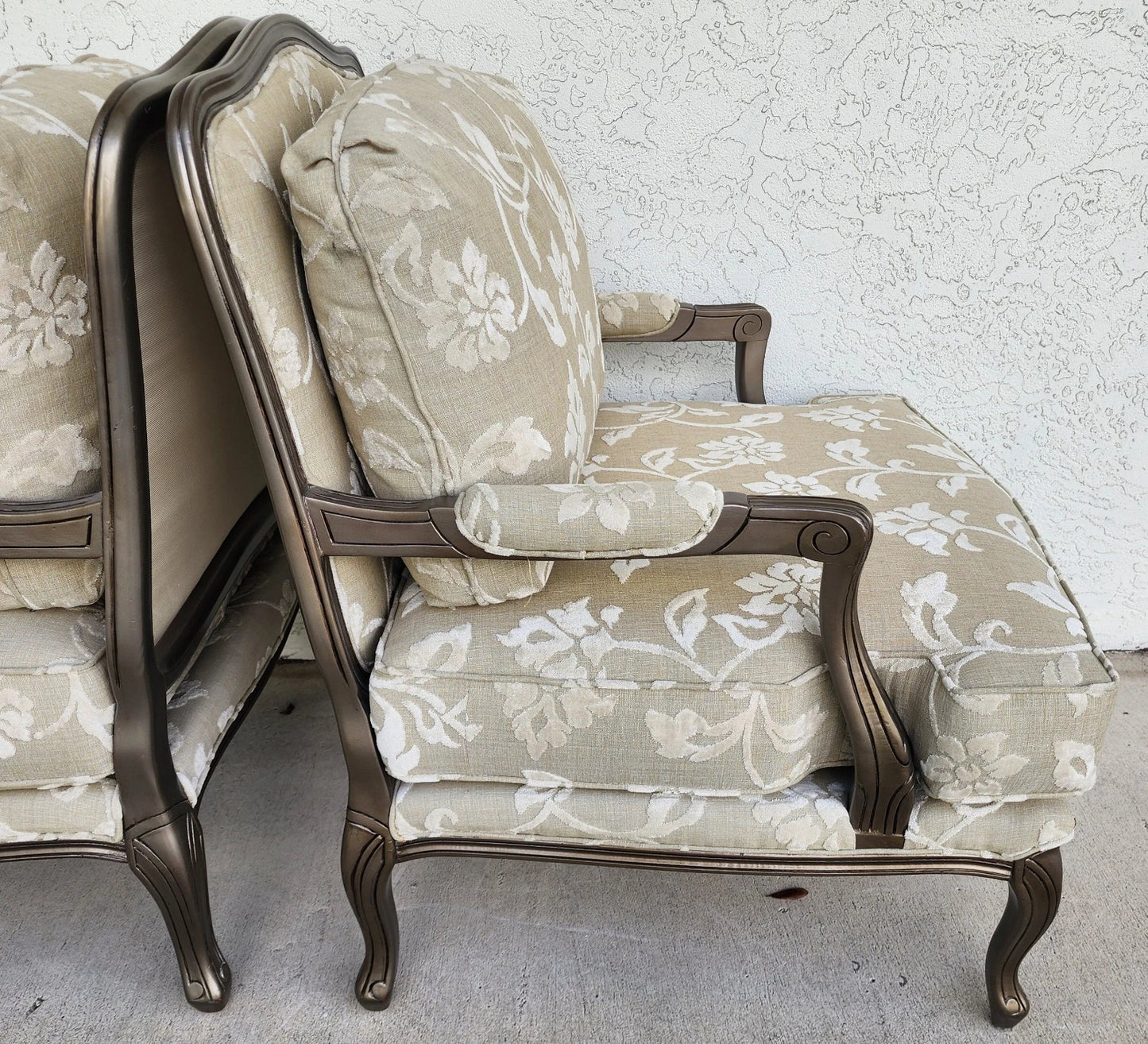 Vintage French Louis XV Armchairs Damask Linen Pair