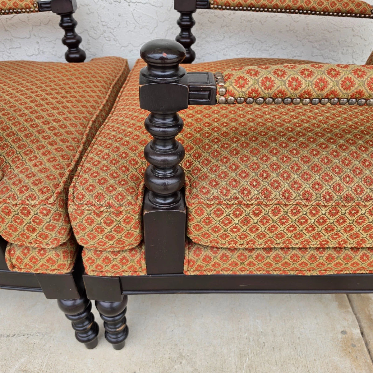 Jacobean Louis XIII Style Bobbin Turned Lounge Armchairs Ebonized Nailhead Pair