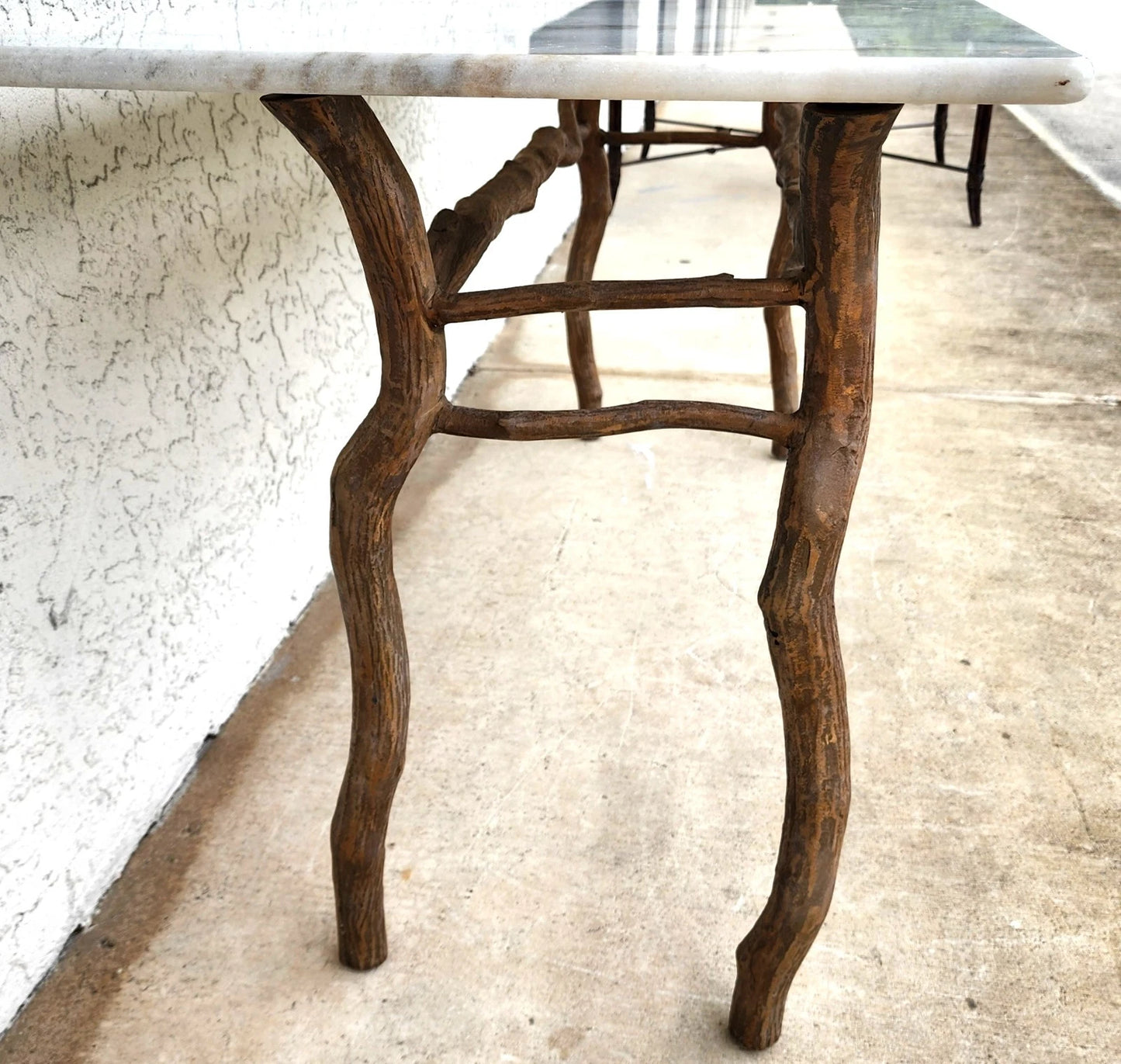 Vintage French Rustic Metal & Marble Faux Bois Branch Console Sofa Table